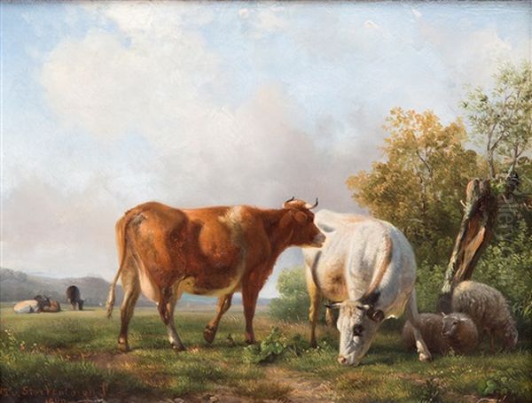 Sheeps And Cows In A Meadow Oil Painting by Willem Tjarda van Starckenborgh Stachouwer