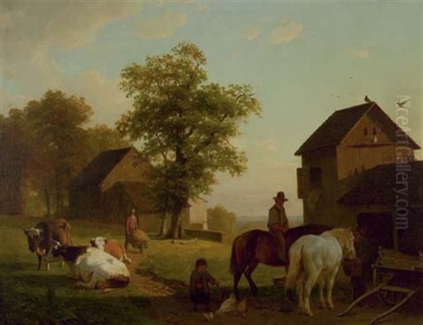 Farmworkers With Cows Near A Barn Oil Painting by Willem Tjarda van Starckenborgh Stachouwer