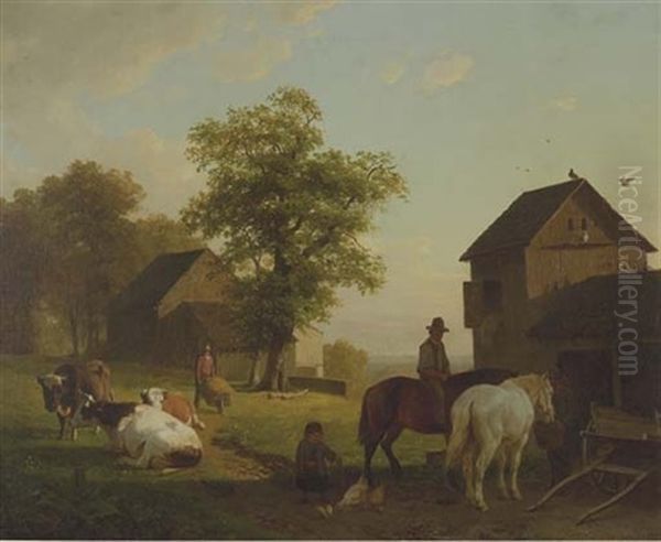 Farmworkers With Cows Near A Barn Oil Painting by Willem Tjarda van Starckenborgh Stachouwer