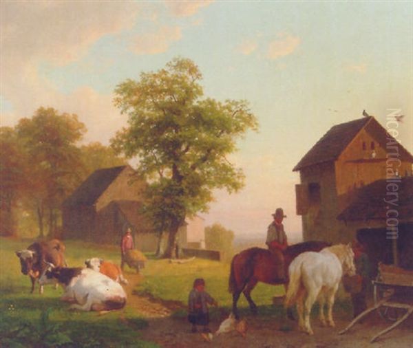 Farmyard With Peasants And Cattle by Willem Tjarda van Starckenborgh Stachouwer