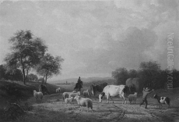 Figures With Cattle On A Country Road, A View Of A Town     Beyond by Willem Tjarda van Starckenborgh Stachouwer