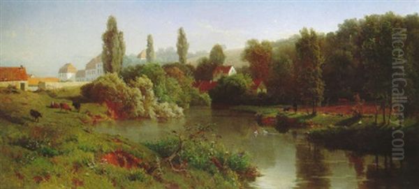 A Wooded Landscape With An Elegant Figure By A Pond, A      Country House In The Background Oil Painting by Willem Tjarda van Starckenborgh Stachouwer