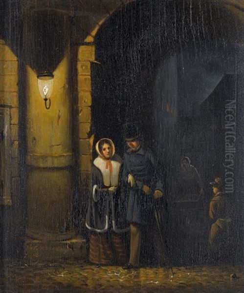 Nachtliche Strassenszene Mit Eleganten Paar Oil Painting by Jacobus Nicolaas (Baron Tjarda van) Starckenborgh