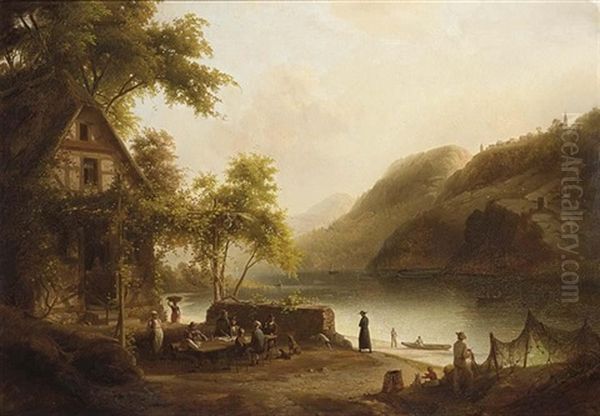 Travellers Drinking And Eating Near A Lake Oil Painting by Jacobus Nicolaas (Baron Tjarda van) Starckenborgh