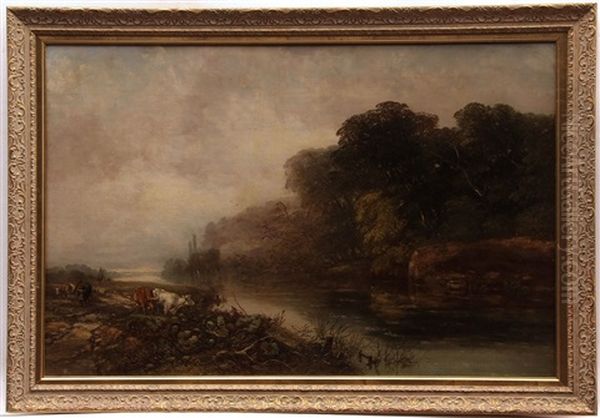 River Landscape With Herder, Sheep And Cattle At Ferry Crossing Oil Painting by Arthur James Stark