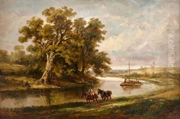 River Scene With Barge (the Towpath) Oil Painting by Arthur James Stark