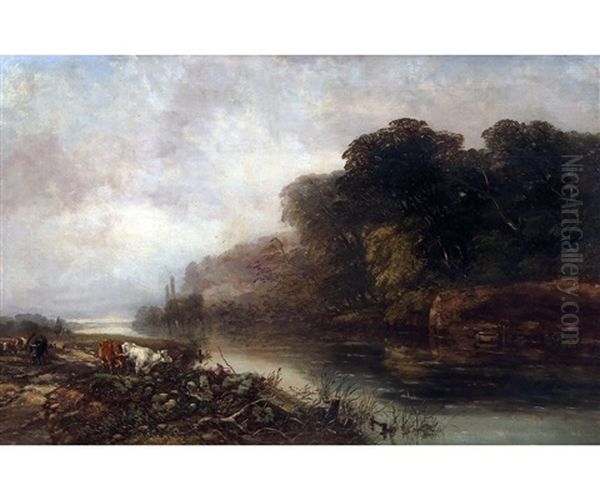 River Landscape With Herder, Sheep And Cattle At Ferry Crossing Oil Painting by Arthur James Stark