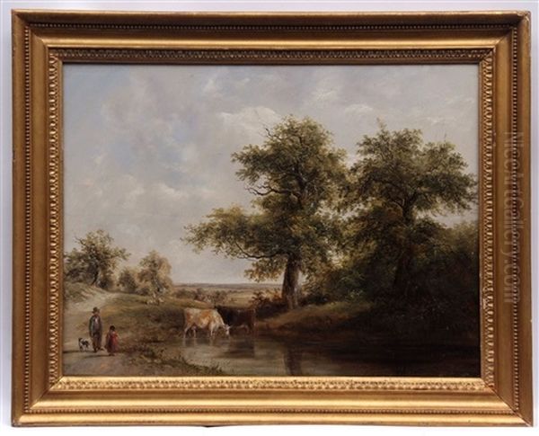 Landscape With Figures And Cattle Watering Oil Painting by James Stark