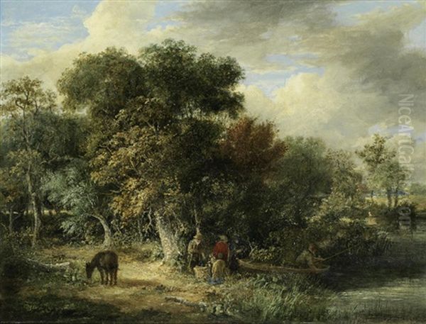 Fishing In Windsor Forest Oil Painting by James Stark