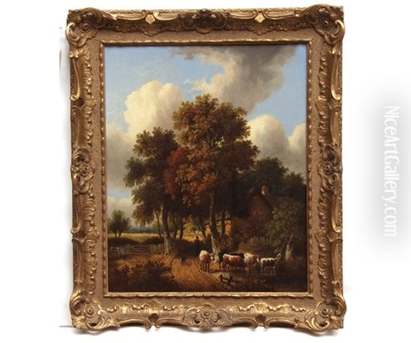 Herder, Dog And Cattle Before A Cottage Oil Painting by James Stark