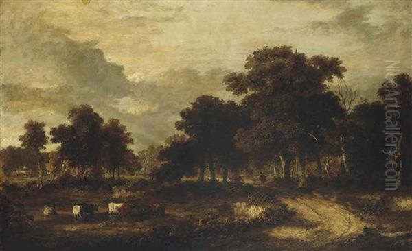 A Wooded Landscape With Cattle Watering And Figures On A Track Beyond Oil Painting by James Stark