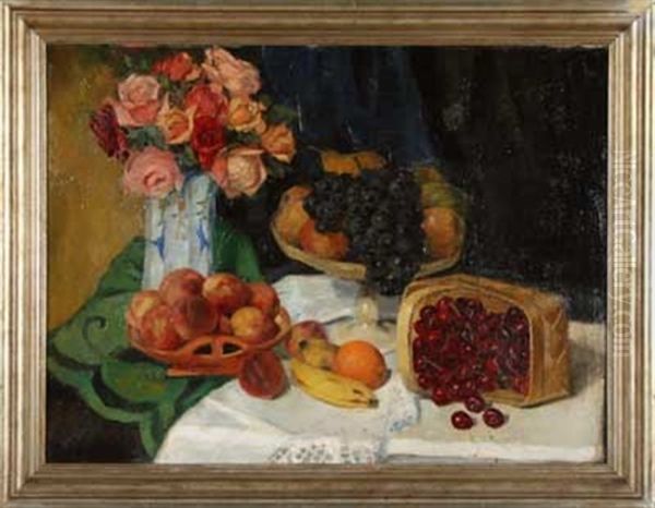 Stillleben Mit Rosen Und Fruchten Oil Painting by Franz Stassen