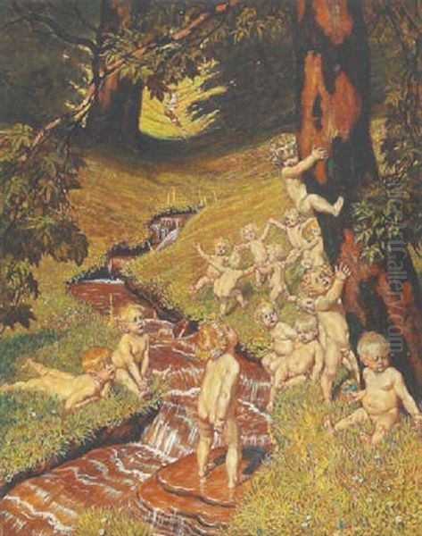 Spielende Kinder Am Waldbach: Allegorie Auf Den Sommer Oil Painting by Franz Stassen