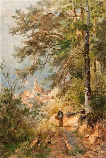 Forest Path With View Of The Collegiate Church At Baden-baden Oil Painting by Vitus Staudacher