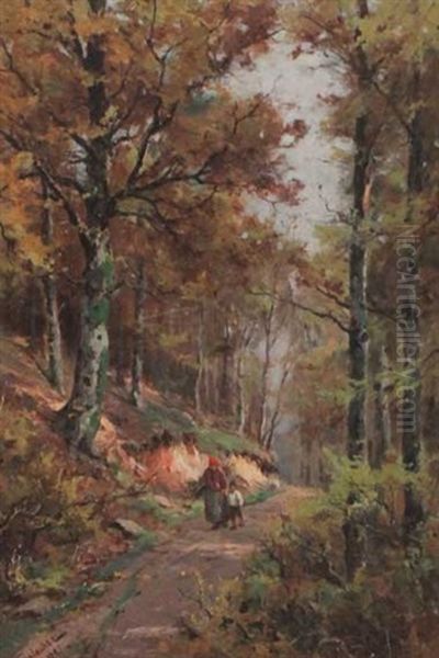 Waldweg Mit Bauerin Und Kind Oil Painting by Vitus Staudacher