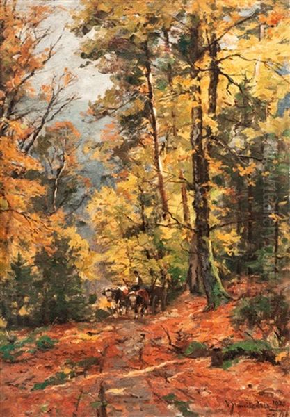 Ochsenkarren Im Wald Oil Painting by Vitus Staudacher