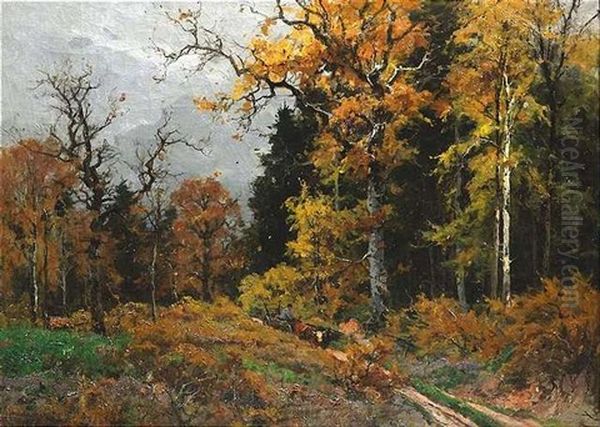 Herbstlicher Wald Mit Einem Ochsengespann Oil Painting by Vitus Staudacher