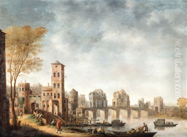 Stadsgezicht Met Boogbrug En Vele Figuren Met Koopwaar Oil Painting by Jan Adriaensz van Staveren