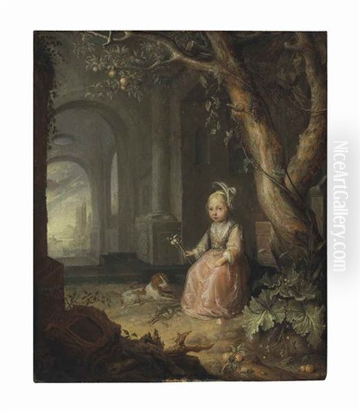 Portrait Of A Girl With Her Dog In A Courtyard, A Landscape With Ruins Beyond Oil Painting by Jan Adriaensz van Staveren