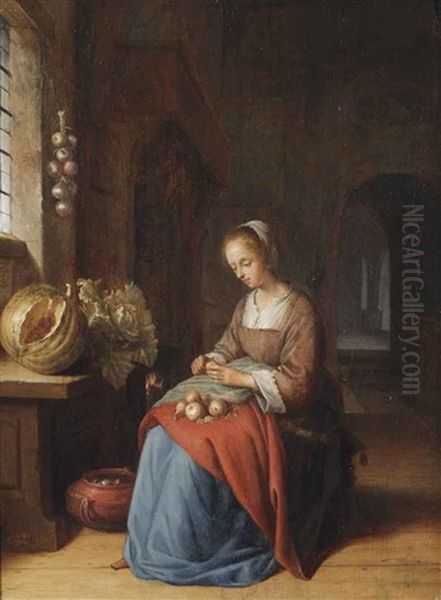 A Young Woman Preparing Vegetables In A Kitchen Oil Painting by Jan Adriaensz van Staveren