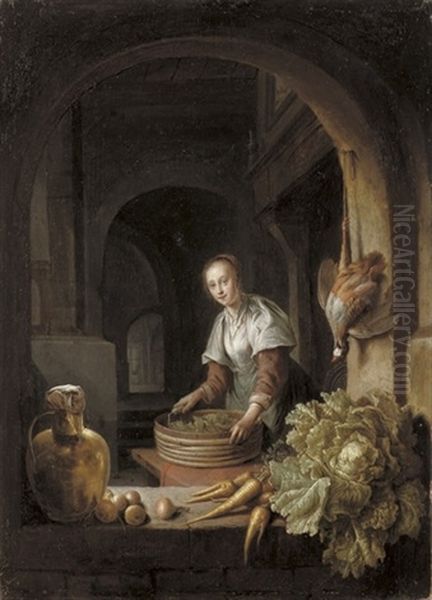 A Maid Preparing Vegetables In A Kitchen Oil Painting by Jan Adriaensz van Staveren