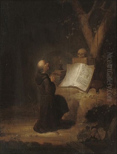 A Hermit Monk At Prayer In A Landscape Oil Painting by Jan Adriaensz van Staveren