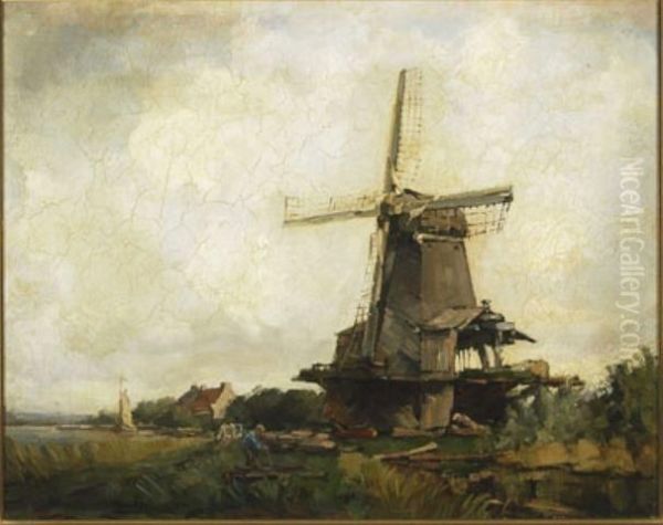 Farmer In A Polder Landscape With Windmill Oil Painting by Wilhelm Johan Brandt