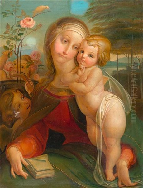 Madonna And Child Before A Landscape Encircled By Angels Oil Painting by Franz Anton Stecher