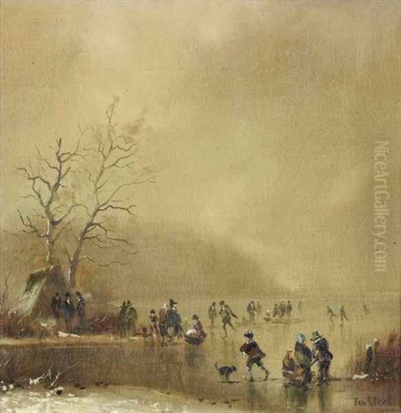 Winterliche Szene Mit Schlittschuhlaufern Oil Painting by Hurbert van Steel