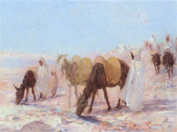 Arabs Watering Horses In The Desert Oil Painting by John Sydney Steel