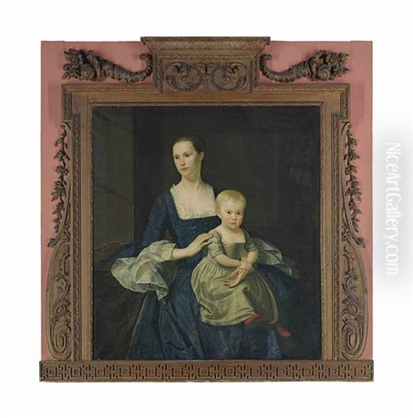 Portrait Of Lady, Thought To Be Mary Mytton, Three-quarter-length, In A Blue Silk Dress With Lace Trim, With Her Son On Her Knee, In A White Gown Oil Painting by Christopher Steele