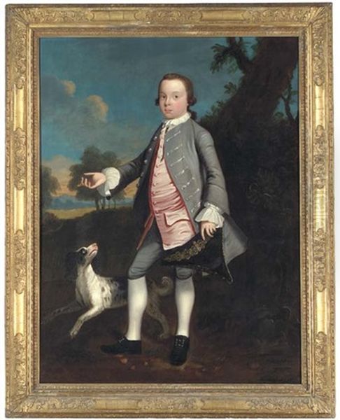 Portrait Of A Young Boy In A Silver Coat And Pink Waistcoat, Holding A Tricorn In His Left Hand, A Spaniel Beside Him, In A Landscape Oil Painting by Christopher Steele