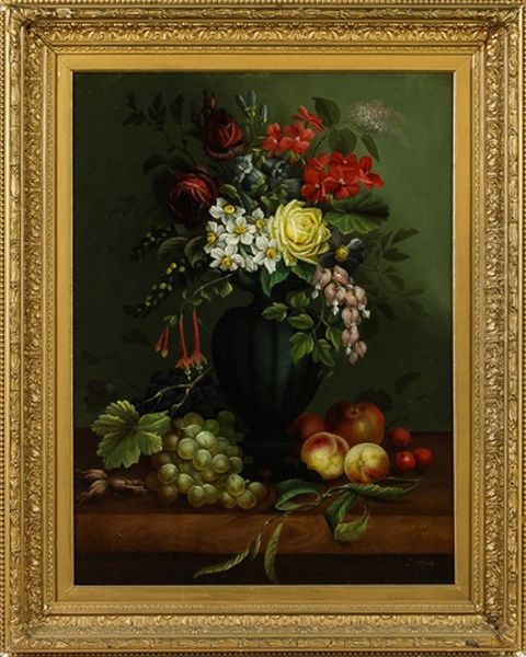 Victorian Floral And Fruit Still Life Oil Painting by Edwin Steele