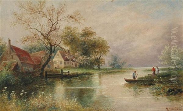 Cottages Along A River Oil Painting by Edwin Steele