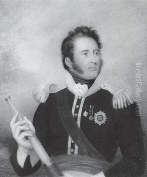 Sir Gregor Mcgregor Wearing Black Uniform With Silver Epaulettes, Buttons And Trimmed White Collar, Burgundy Cummerbund, Black Stock,... Oil Painting by Jeremiah Steele