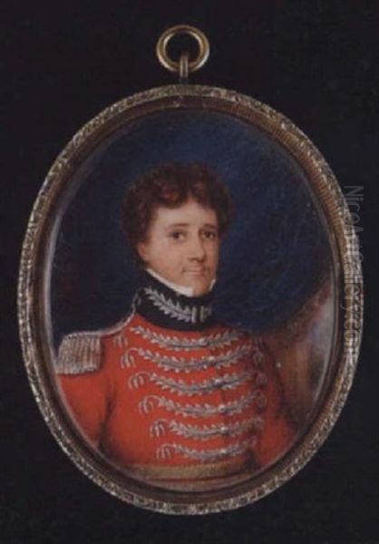 An Officer Wearing Red Uniform With Blue Collar, Silver Frogging, Epaulette And Gold Belt, Blue Curtain Background Oil Painting by Jeremiah Steele