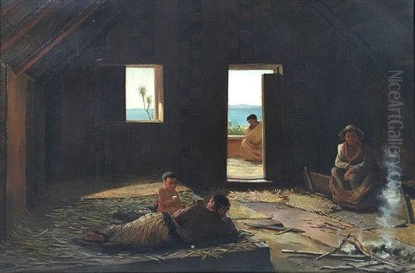 Interior Of A Whare [with Lake Taupo Beyond] Oil Painting by Louis John Steele