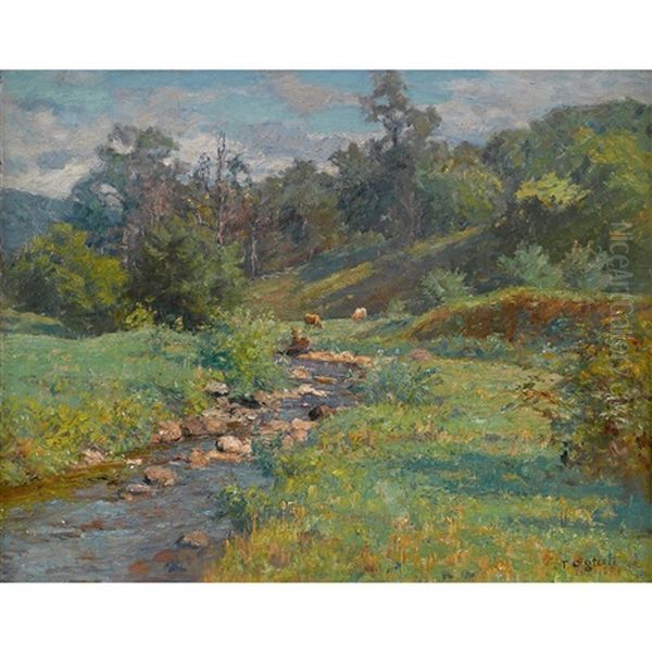 Cows Watering By A Stream Oil Painting by Theodore Clement Steele