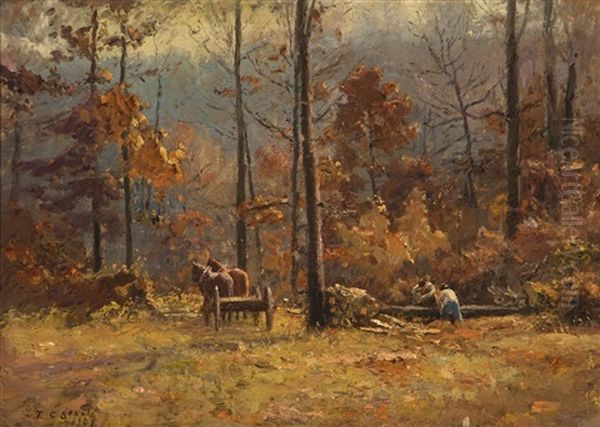 Woodcutters Working With Horses In An Autumn Forest Oil Painting by Theodore Clement Steele