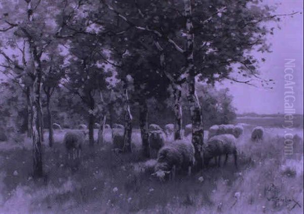 Landscape With Sheep Under Birch Trees Oil Painting by Willem Steelink the Elder