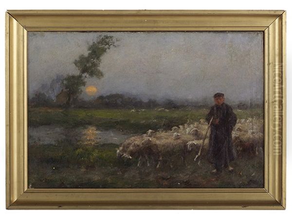 Sunset Landscape With A Shepherd And His Flock Oil Painting by Willem Steelink