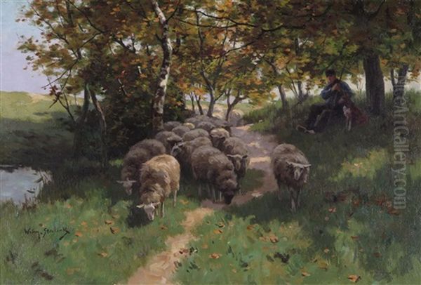 A Shepherd And Flock On A Shady Track Oil Painting by Willem Steelink