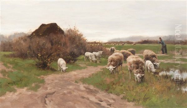 Shepherd With His Flock Of Sheep On The Heather Oil Painting by Willem Steelink