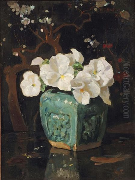 White Violets In A Ginger Jar Oil Painting by Willem Steelink