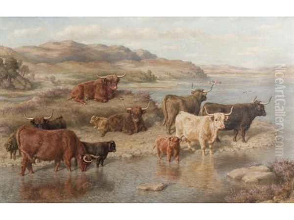 Cattle, Loch Strichen Oil Painting by David George Steell