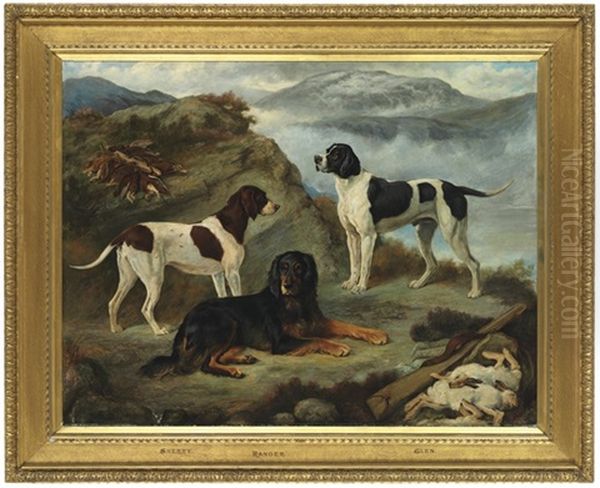 Sherry, Ranger, And Glen, Three Gundogs In A Highland Landscape With The Day's Bag Oil Painting by Gourlay Steell