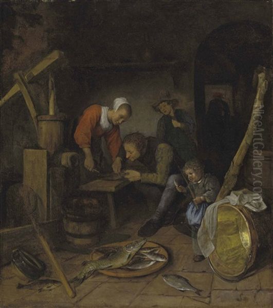 An Interior With Figures Preparing Fish Oil Painting by Jan Steen