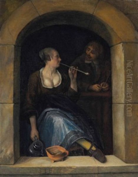 A Woman And A Man Smoking, Viewed Through An Open Archway Oil Painting by Jan Steen