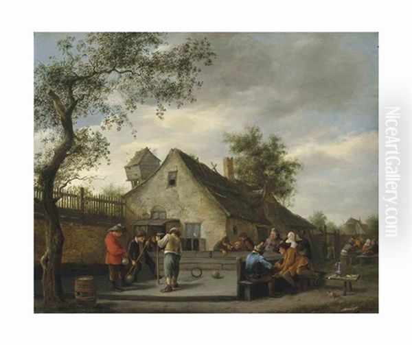 Boors Playing A Game Of Beugelenbefore A Country Inn, Onlookers Smoking Beyond Oil Painting by Jan Steen