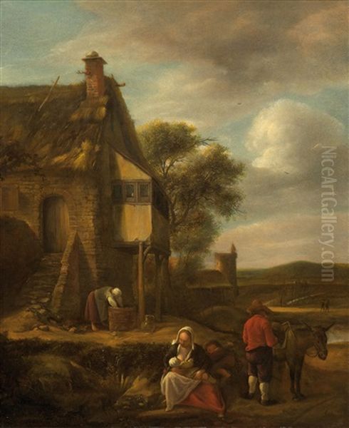 Travellers Resting Before A Village Oil Painting by Jan Steen